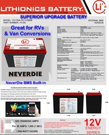 Click here for a larger spec sheet of this Lithionics 12 Volt Group 31 lithium-ion battery with 130 Amp hours capacity