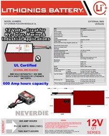 Click here for a larger spec sheet of this 12 Volt Lithionics lithium-ion RV or marine battery with 600 Amp hours capacity