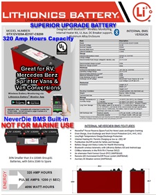 Click here for the details on this powerful, 320 Amp hour, light weight, high performance lithium-ion battery for RV's, Solar and Trucks