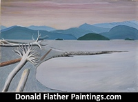 Original landscape painting featuring flowing BC Coastal shoreline along Howe Sound by renown Canadian Artist, Donald Flather